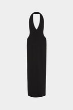 Black sleeveless suiting dress with deep V-neck and fitted long column silhouette