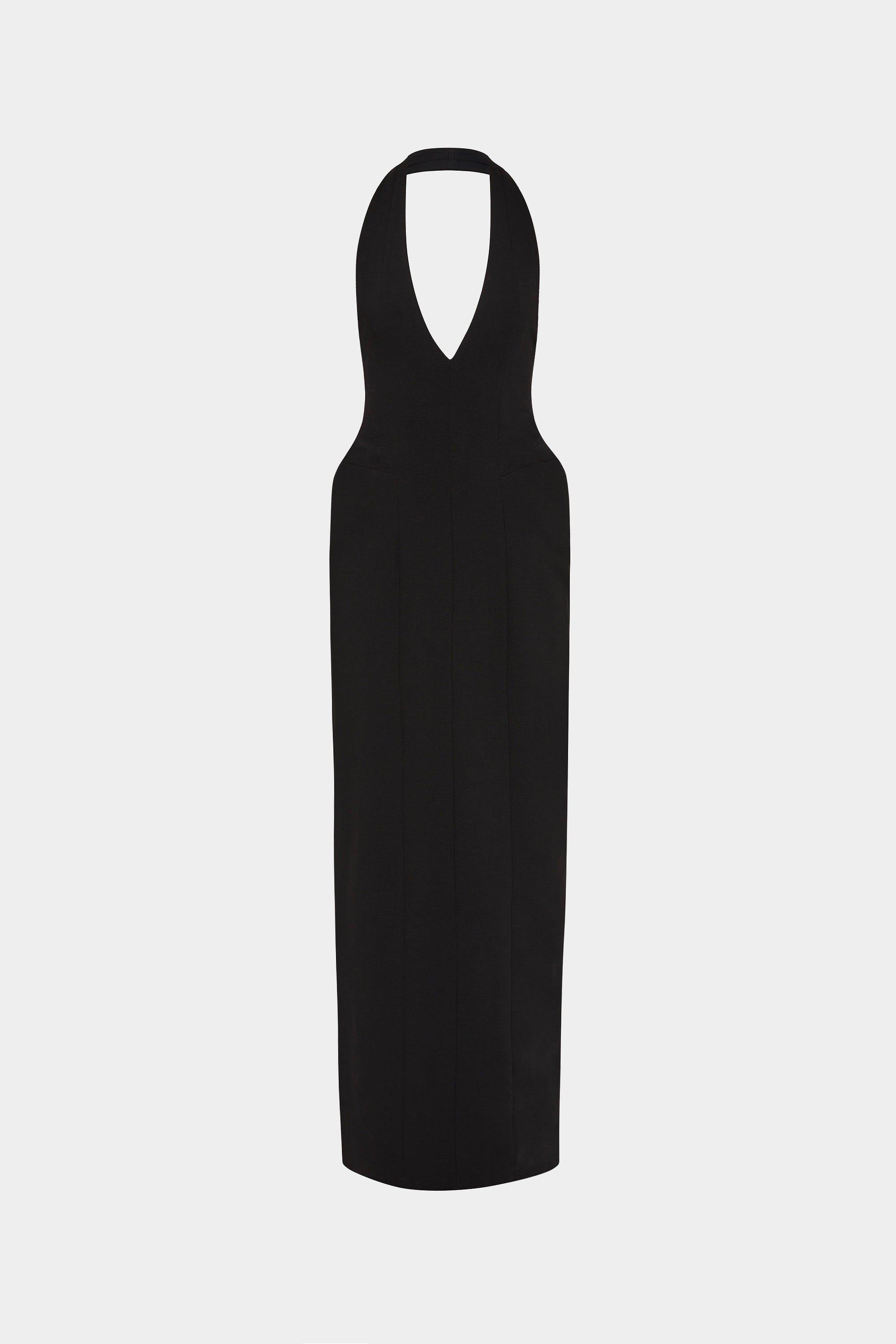 Black sleeveless suiting dress with deep V-neck and fitted long column silhouette