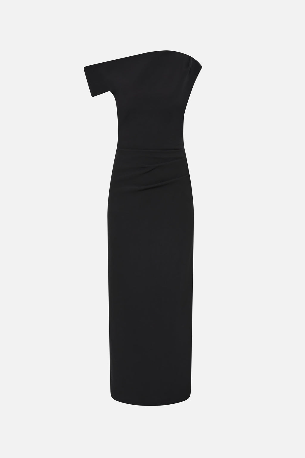 Black crepe midi dress on hanger with fitted sheath and off-shoulder cap sleeves