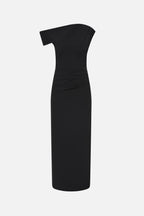 Black crepe midi dress on hanger with fitted sheath and off-shoulder cap sleeves