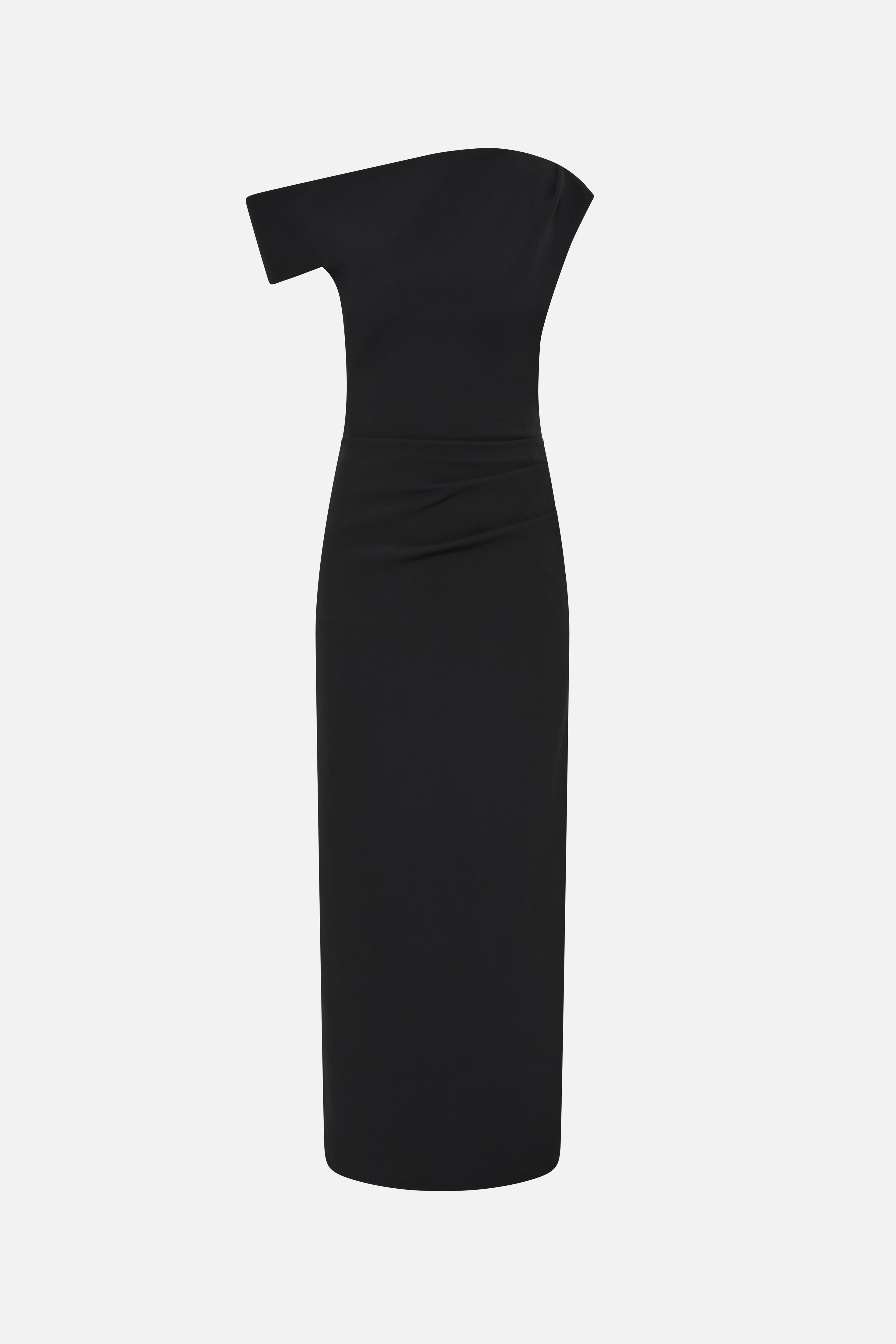 Black crepe midi dress on hanger with fitted sheath and off-shoulder cap sleeves