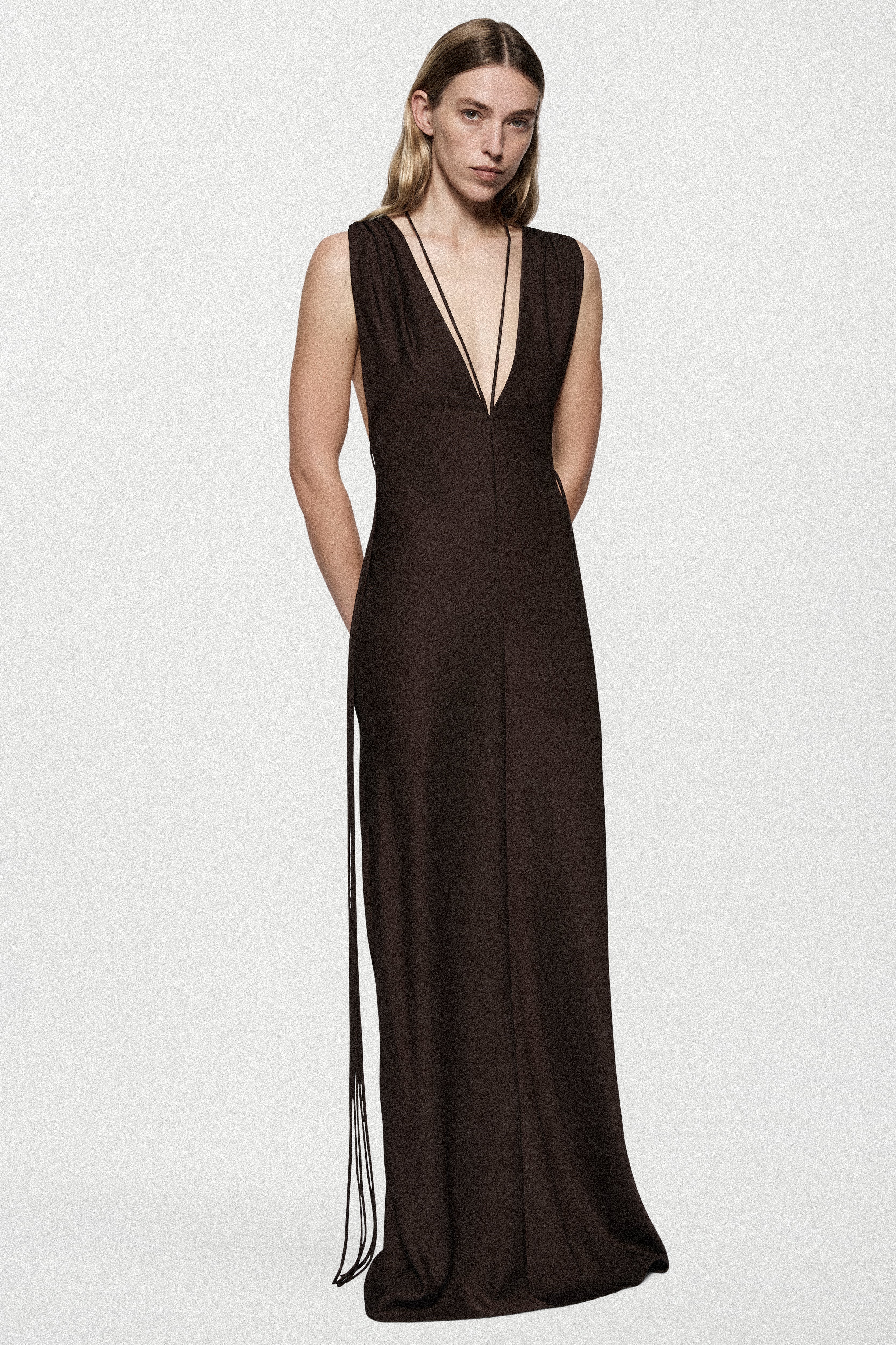 Dark brown satin plunge gown, sleeveless V-neck, long column silhouette