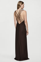Dark brown satin plunge gown, open back with crisscross straps, long column fit