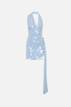 Cornflower blue sequin mini dress with draped V-back and long ties