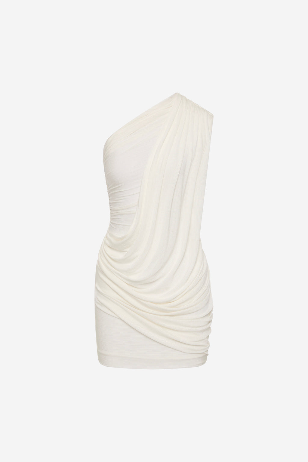 Ivory one-shoulder ruched mini dress with draped side detail