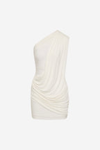 Ivory one-shoulder ruched mini dress with draped side detail
