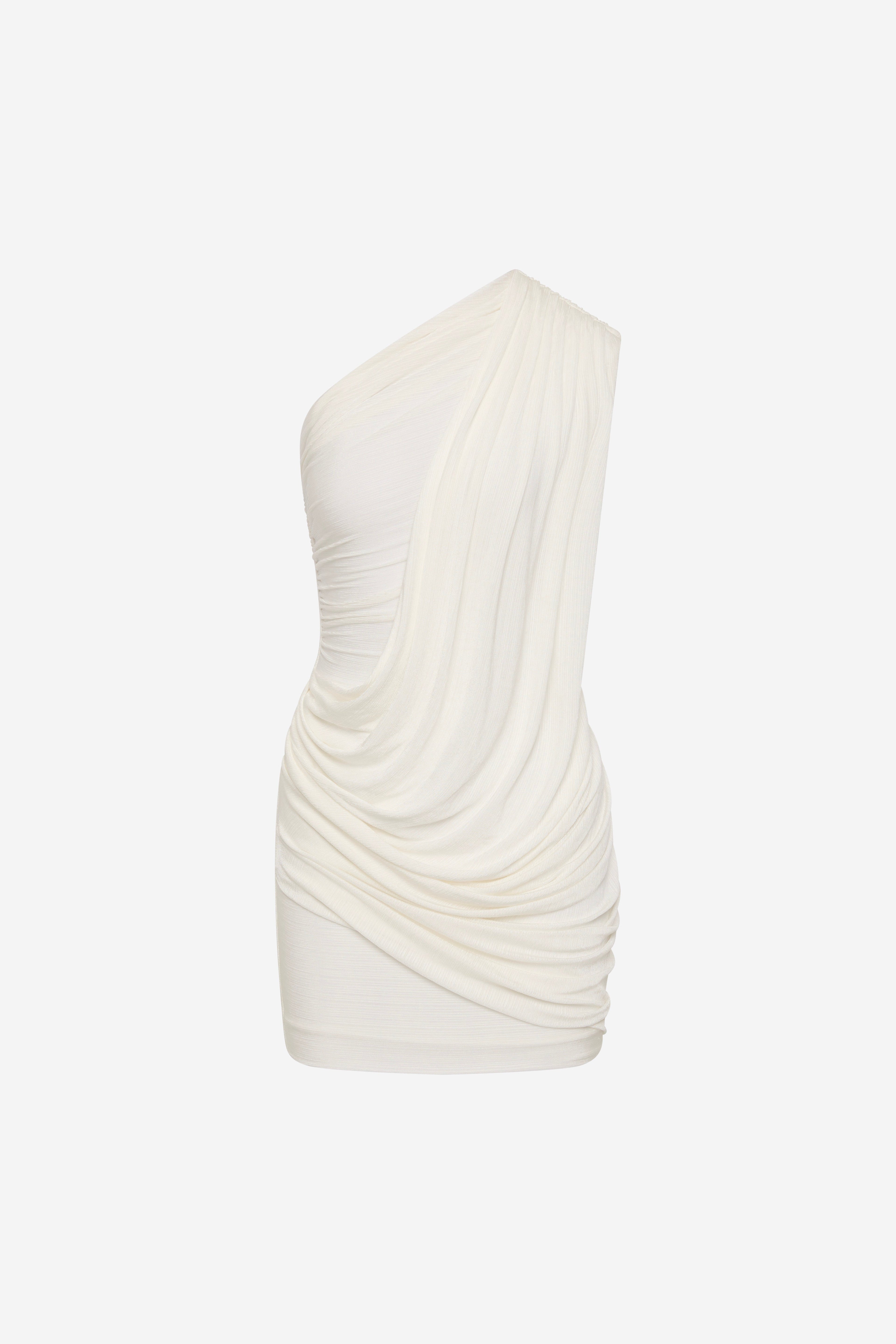 Ivory one-shoulder ruched mini dress with draped side detail