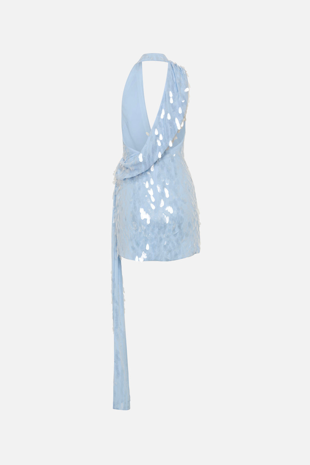 Cornflower blue sequin mini dress with V-back and draped crossover detail