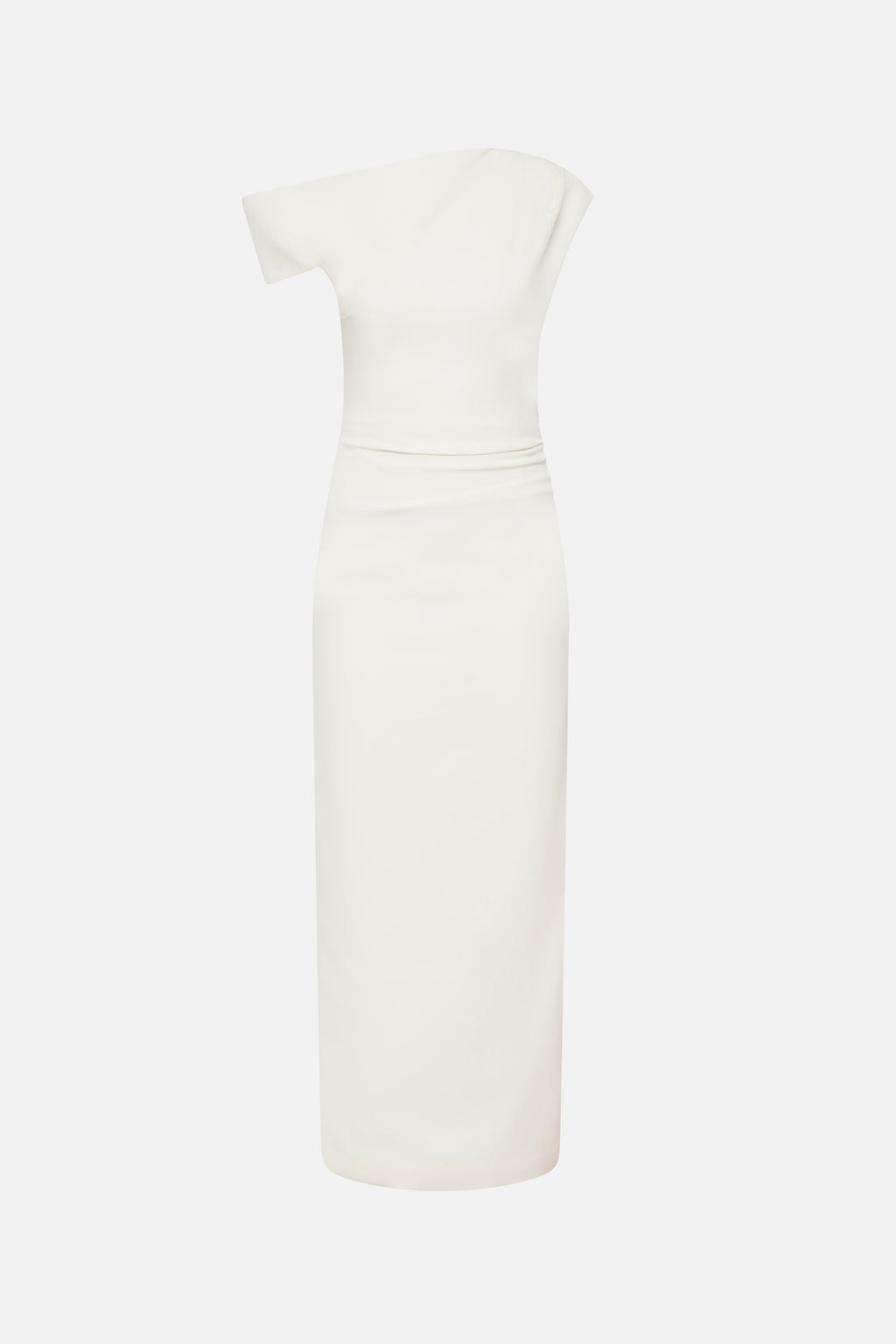 Ivory crepe midi dress with wrap-style waist and short sleeves