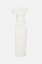 Ivory crepe midi dress with wrap-style waist and short sleeves