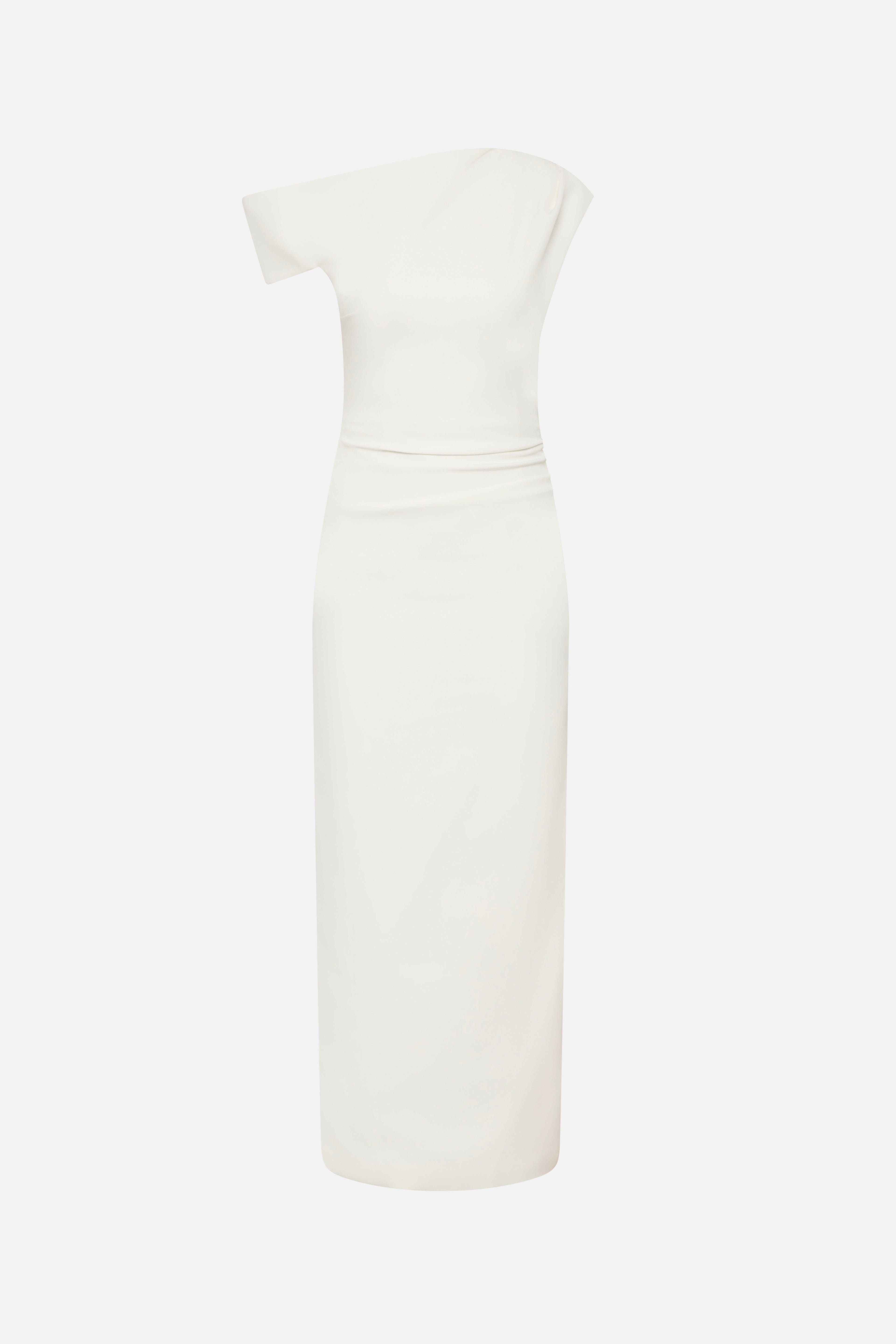 Ivory crepe midi dress with wrap-style waist and short sleeves