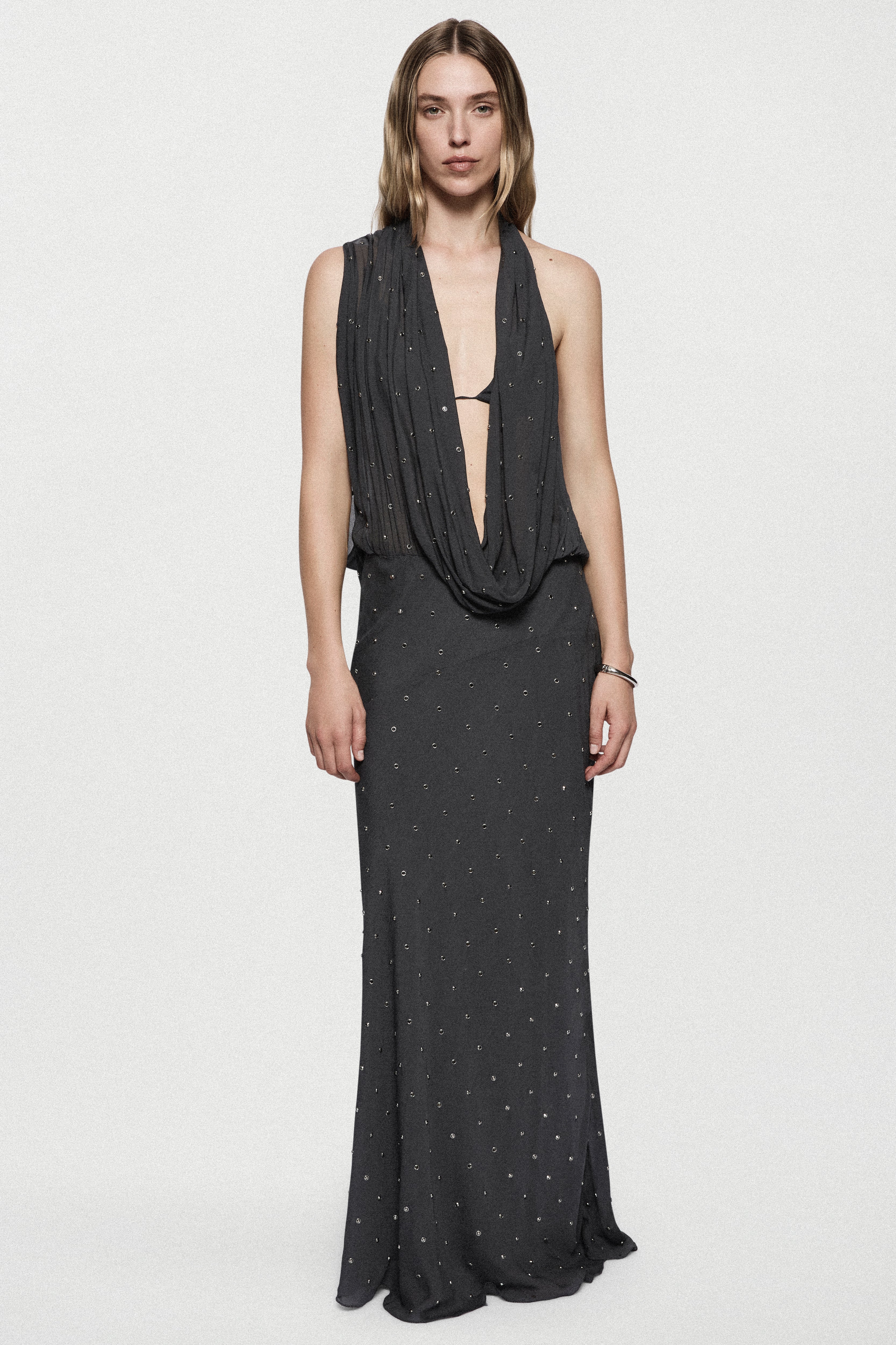 Dark charcoal rhinestone cowl gown, sleeveless draped neckline, full-length