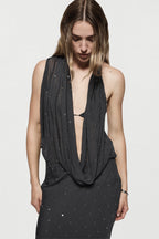 Dark charcoal rhinestone cowl gown close-up, deep cowl neckline with open front