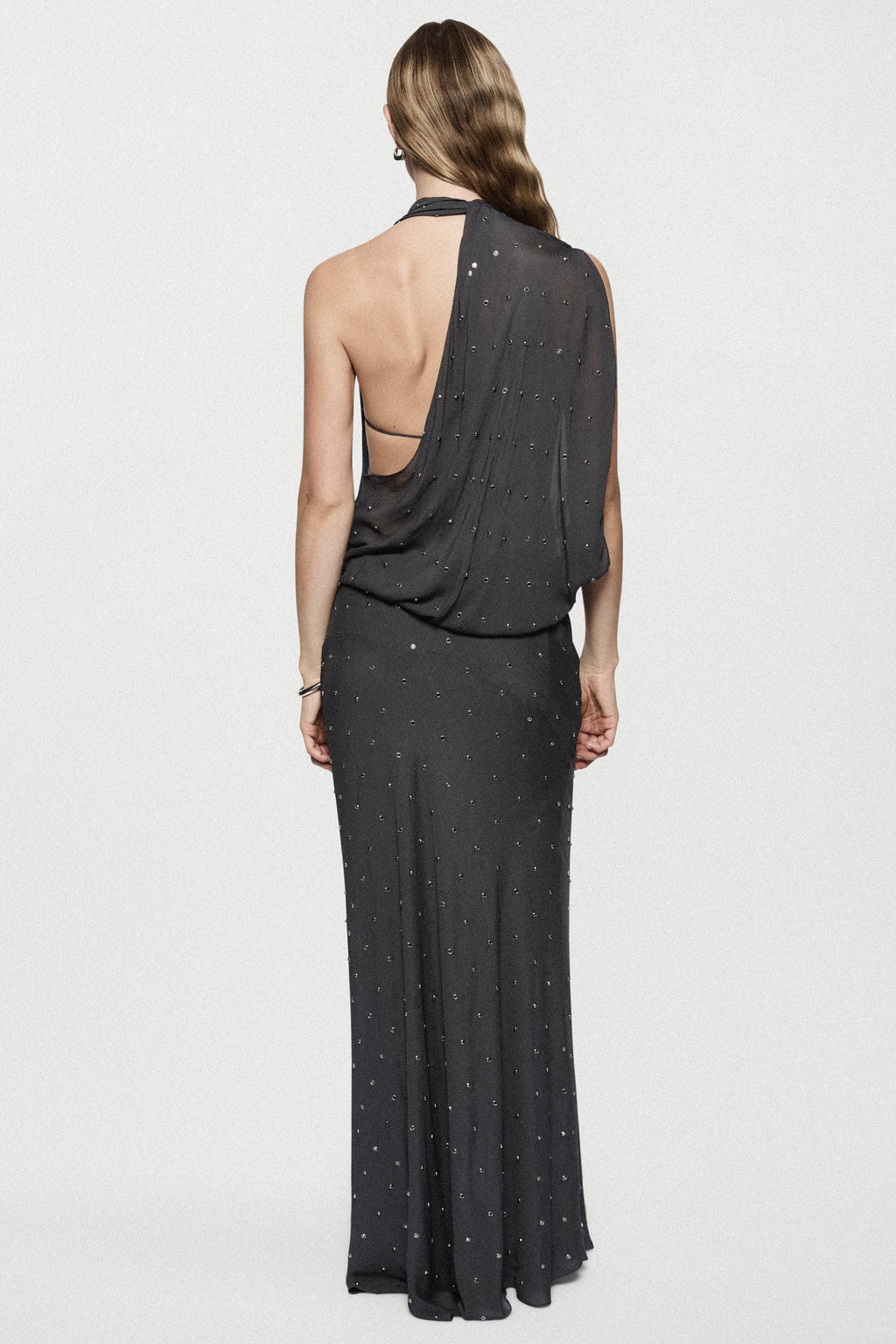 Dark charcoal rhinestone gown, open back with crisscross straps, full length