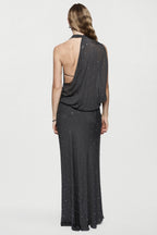 Dark charcoal rhinestone gown, open back with crisscross straps, full length