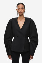 Black V-neck double-breasted blazer with two-button front and long sleeves