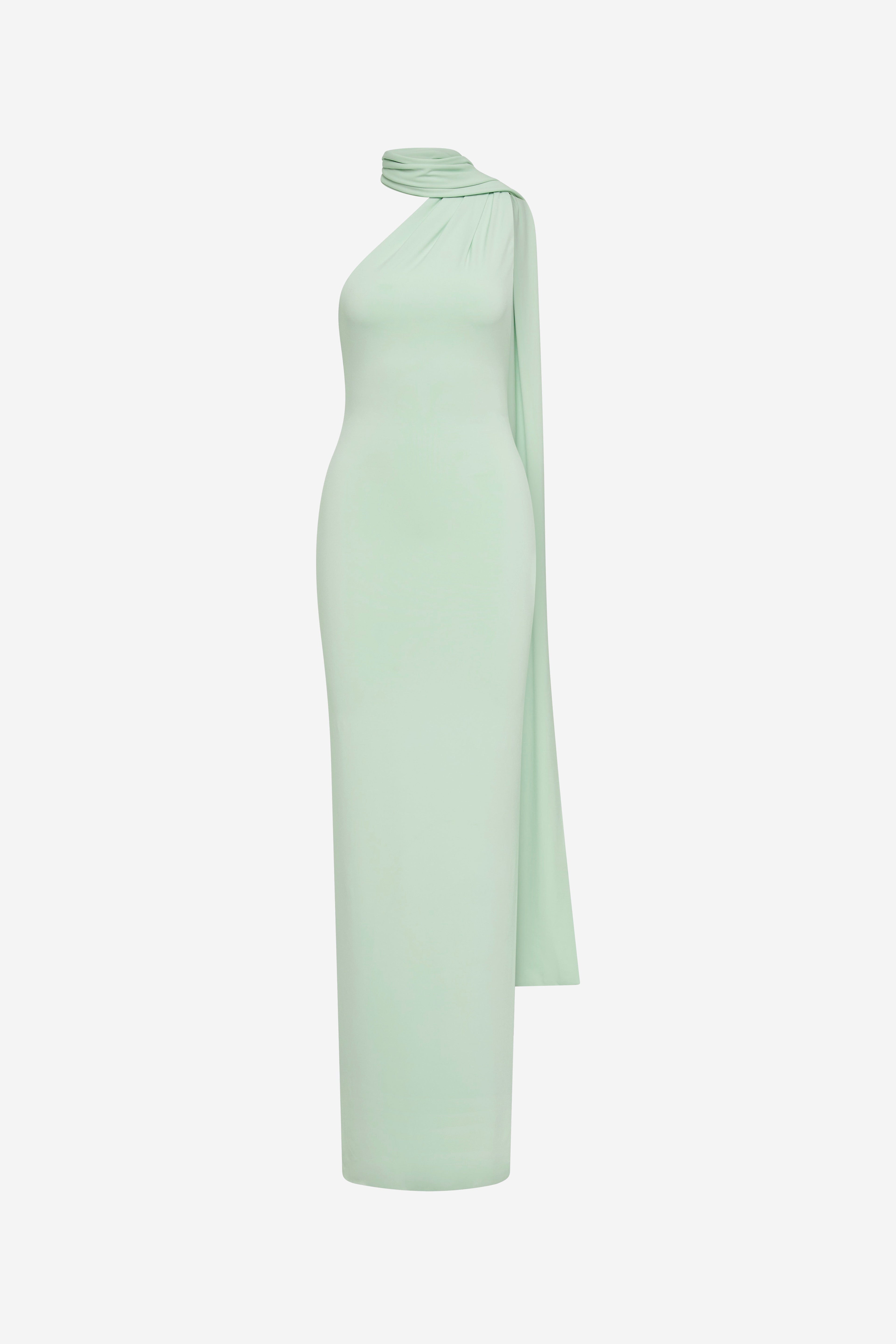 Mint jersey dress with one-shoulder draped cowl neckline