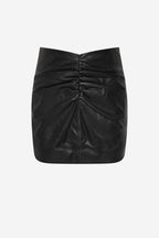 Black ruched leather mini skirt with gathered front panel and straight hem