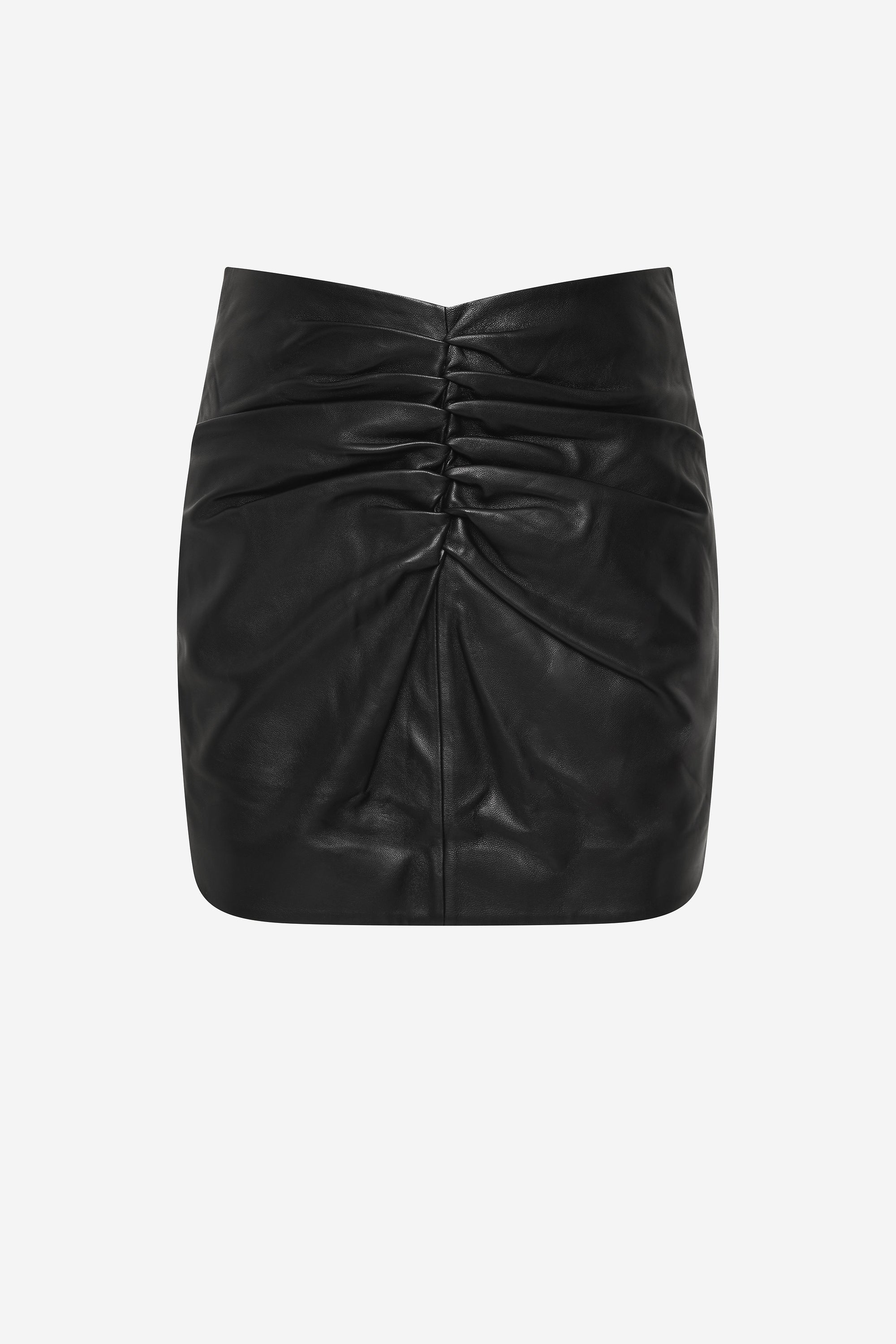 Black ruched leather mini skirt with gathered front panel and straight hem