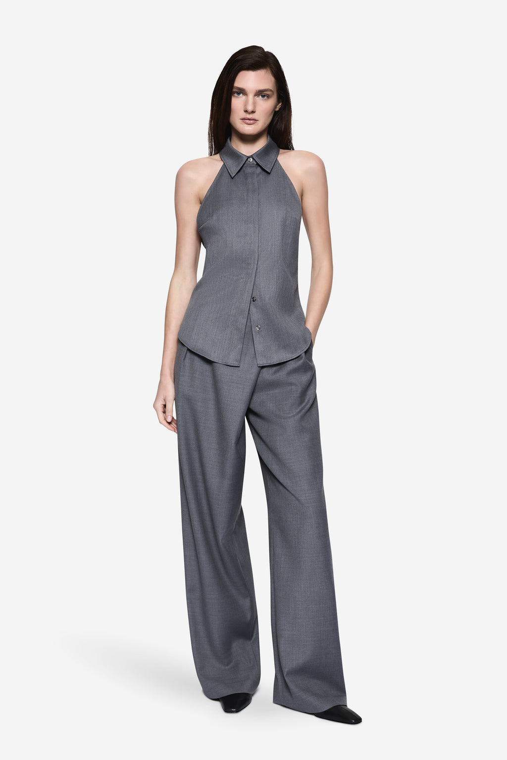 Grey halter suiting shirt with pointed collar and button front, sleeveless
