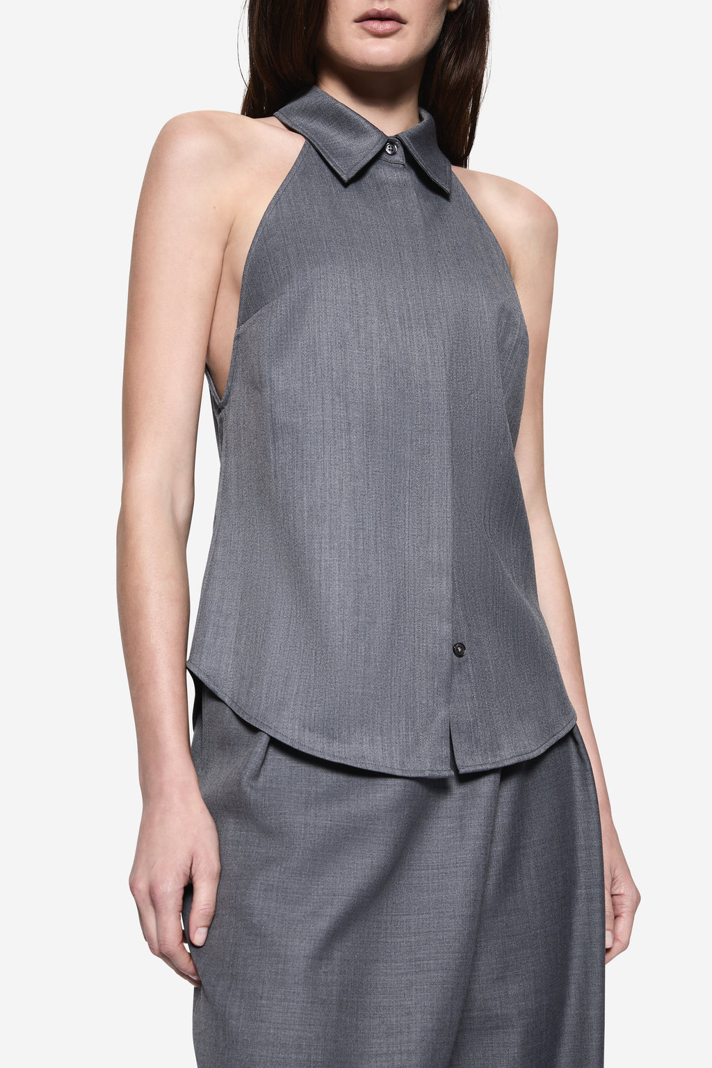 Grey halter suiting shirt with pointed collar and button placket, sleeveless