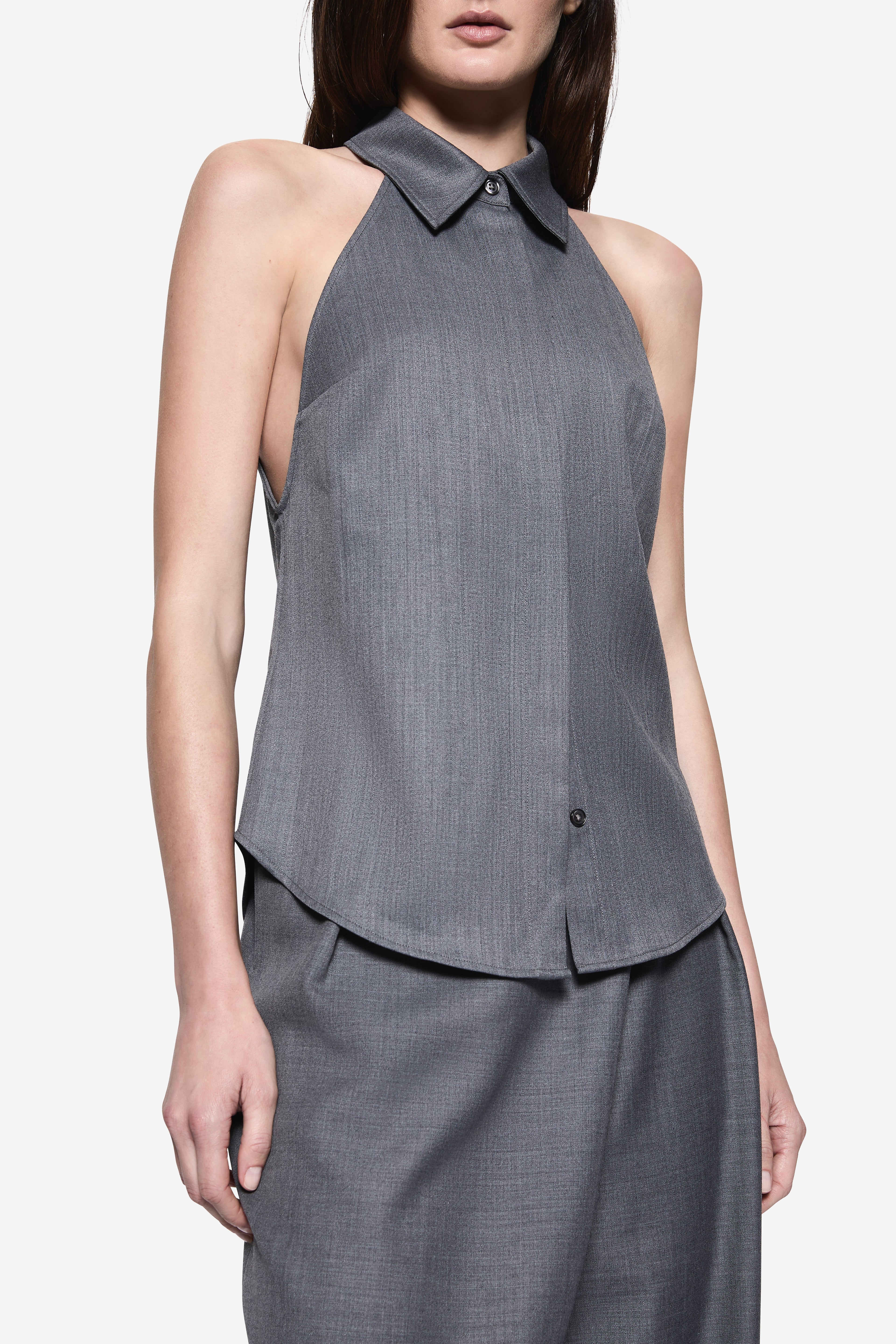 Grey halter suiting shirt with pointed collar and button placket, sleeveless