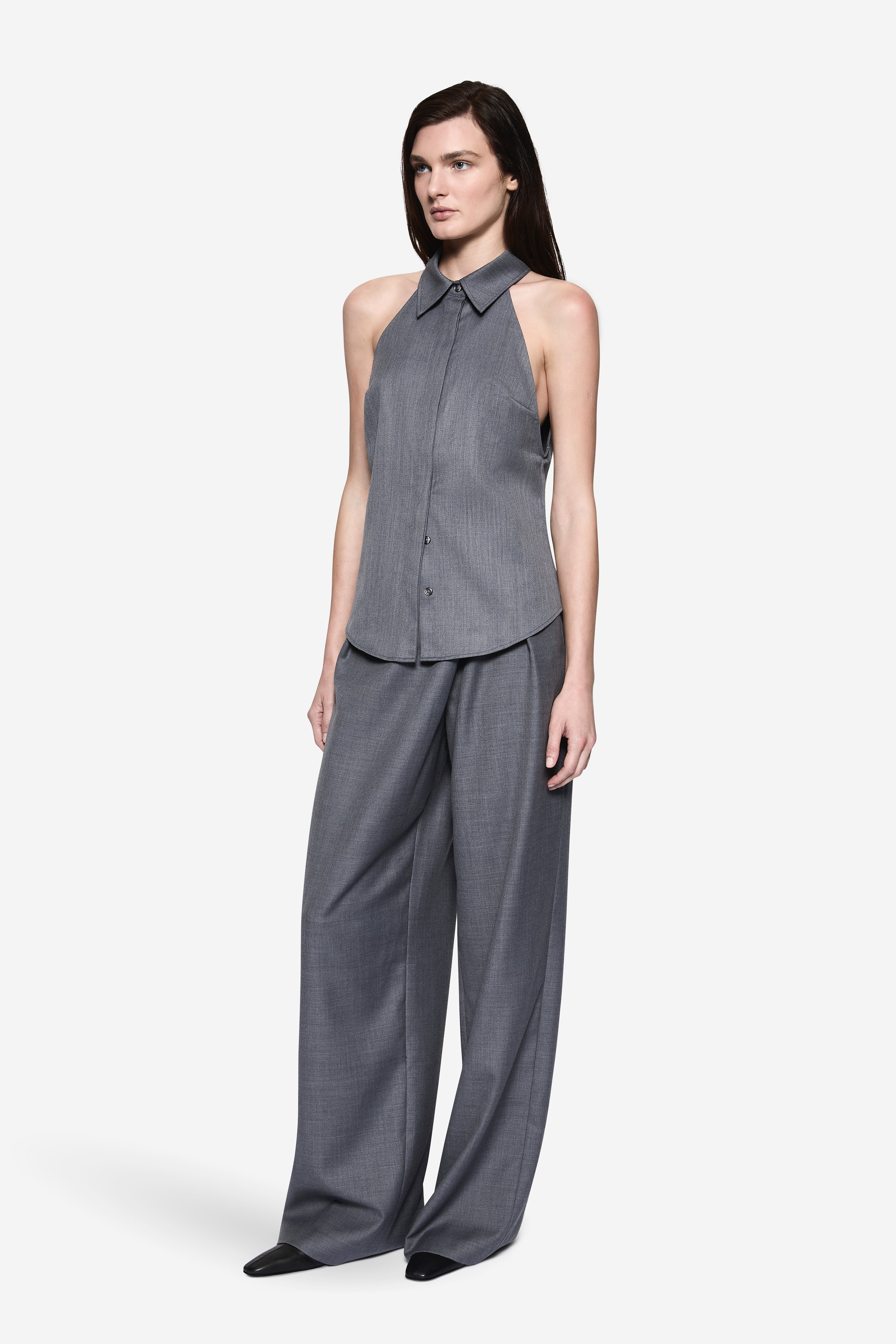 Grey halter suiting shirt with sleeveless halter neck and pointed collar