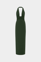 Moss green halter maxi dress with keyhole neckline
