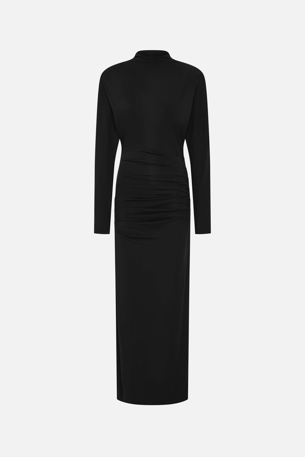 Black jersey draped midi dress with long sleeves and ruched waist back view