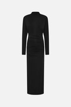 Black jersey draped midi dress with long sleeves and ruched waist back view