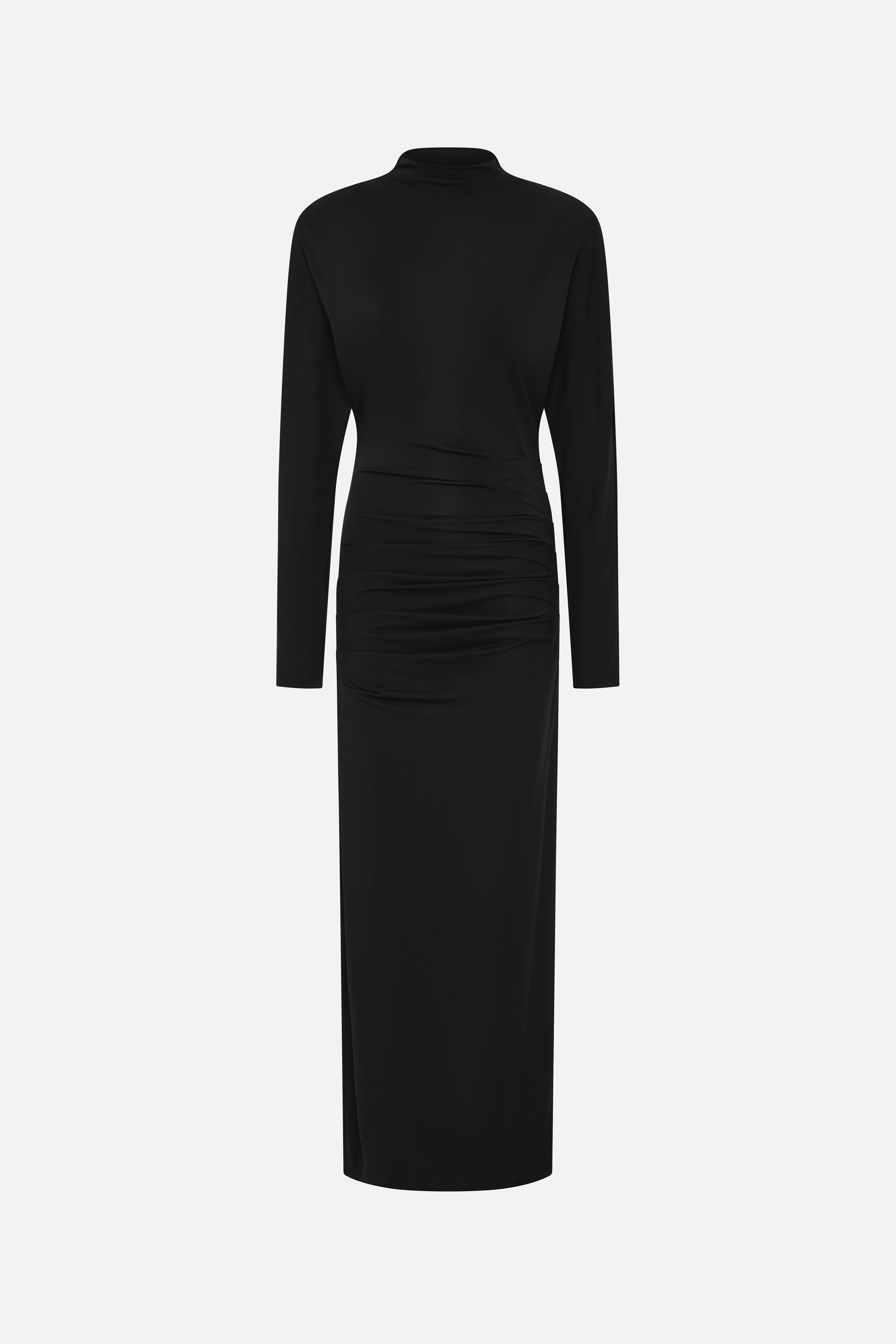Black jersey draped midi dress with long sleeves and ruched waist back view