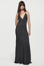Rhinestone slip gown in dark charcoal, V-neck with spaghetti straps, full-length