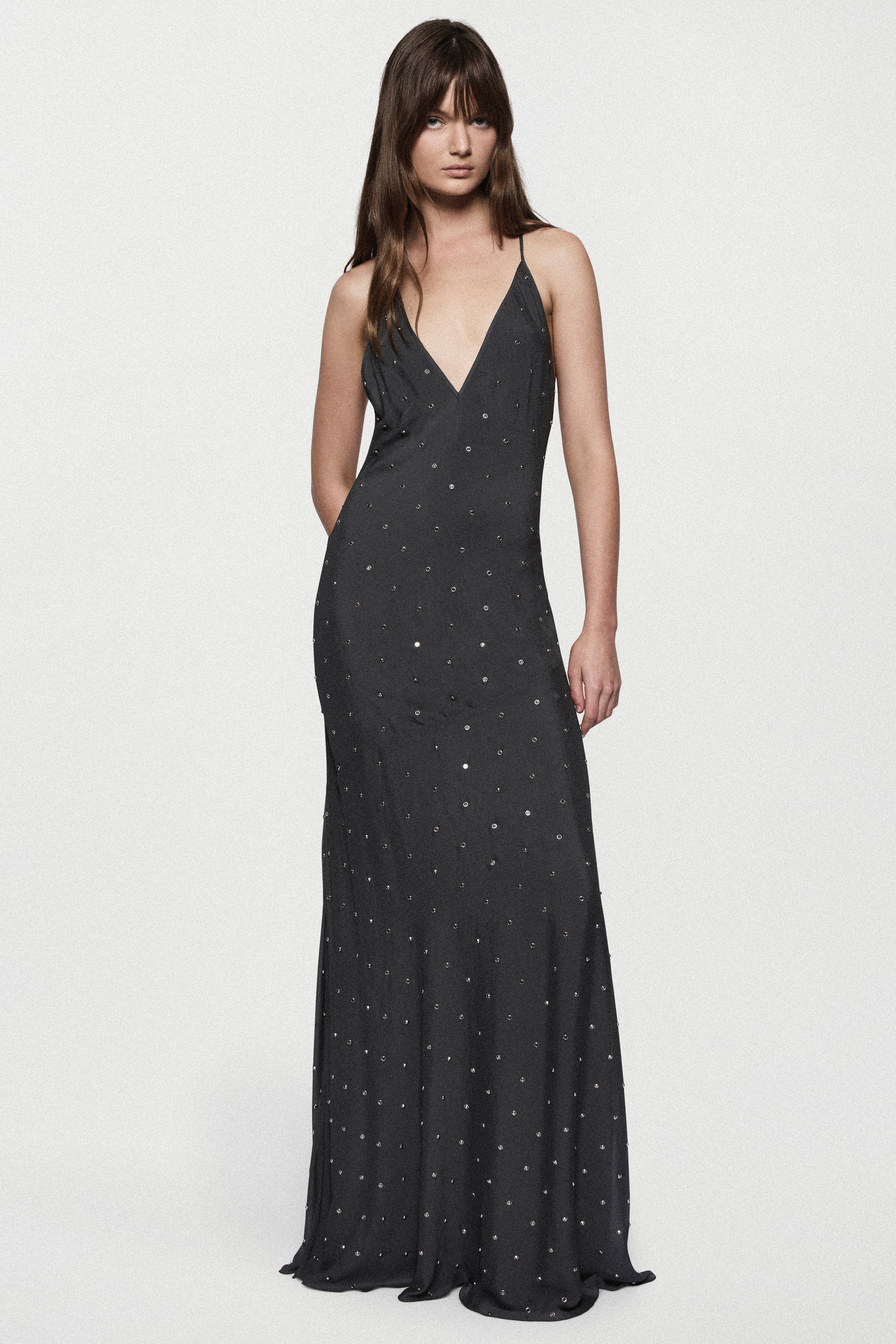 Rhinestone slip gown in dark charcoal, V-neck with spaghetti straps, full-length
