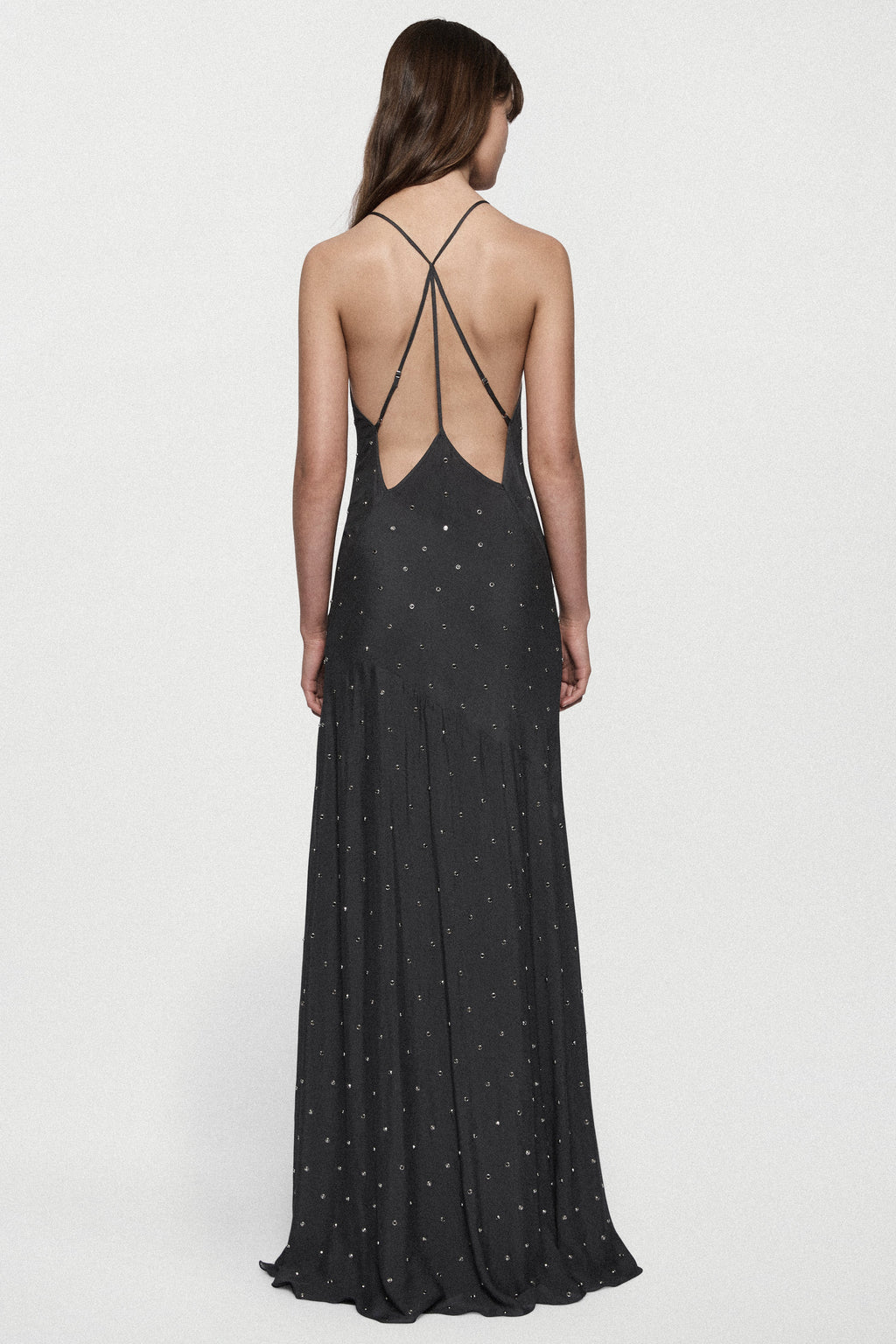 Rhinestone slip gown, open back with crisscross straps, full-length