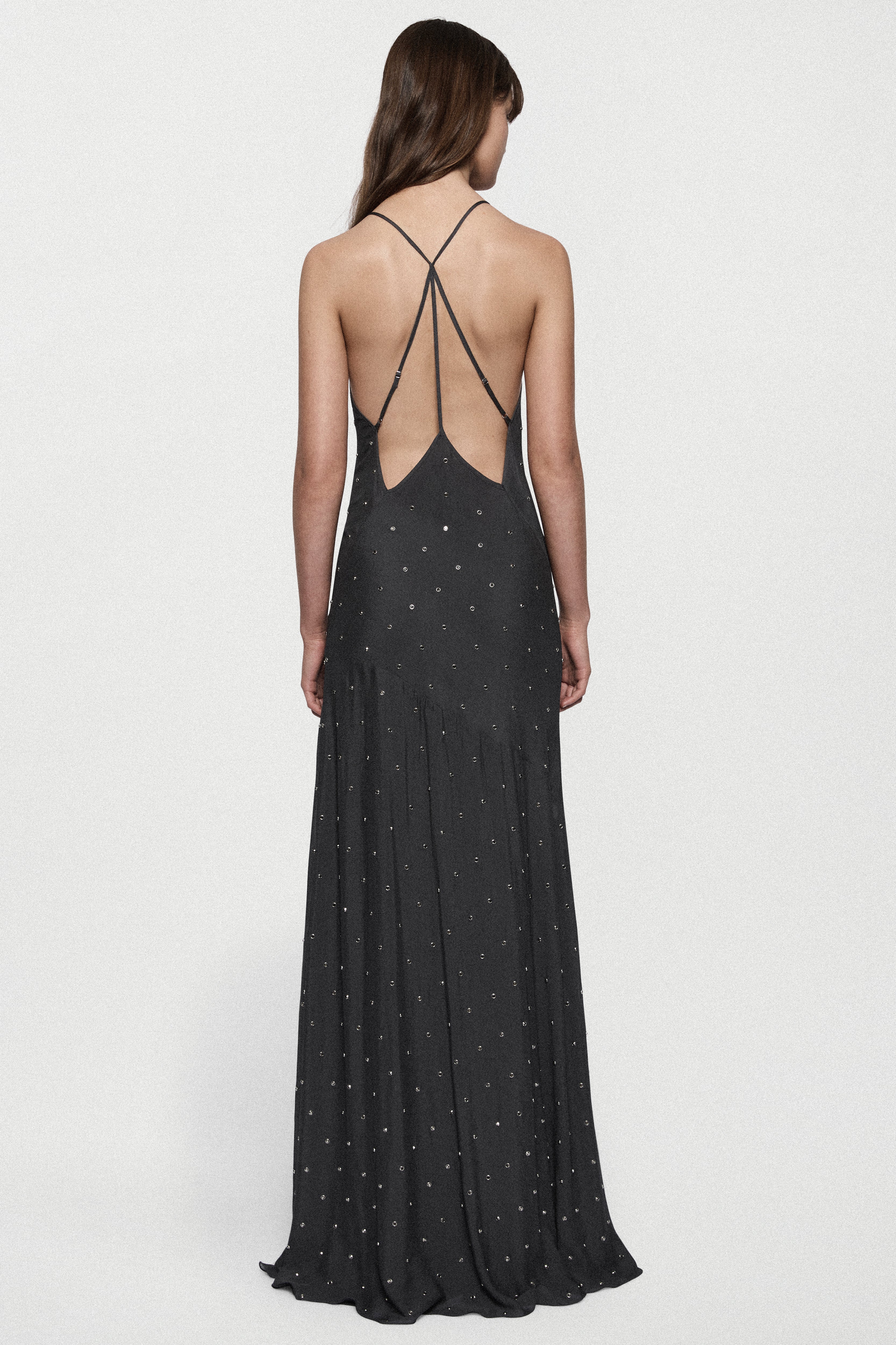 Rhinestone slip gown, open back with crisscross straps, full-length