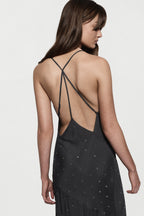 Backless rhinestone slip gown with crisscross spaghetti straps and V-neck front