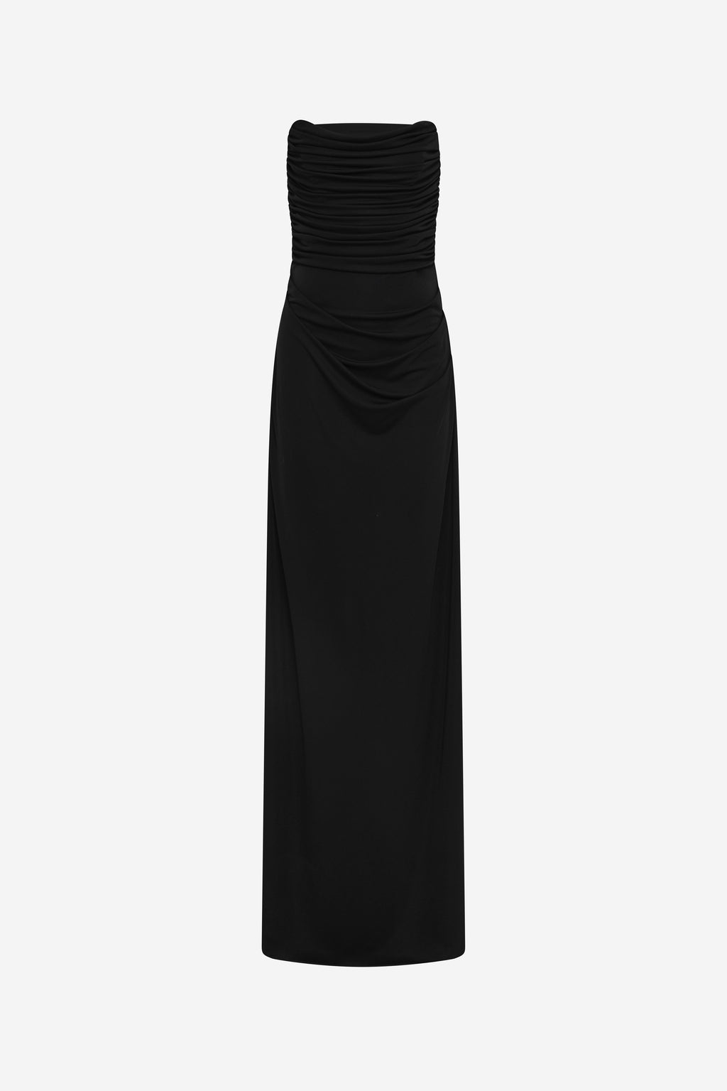 Black strapless maxi dress with gathered ruching at the neckline and bust