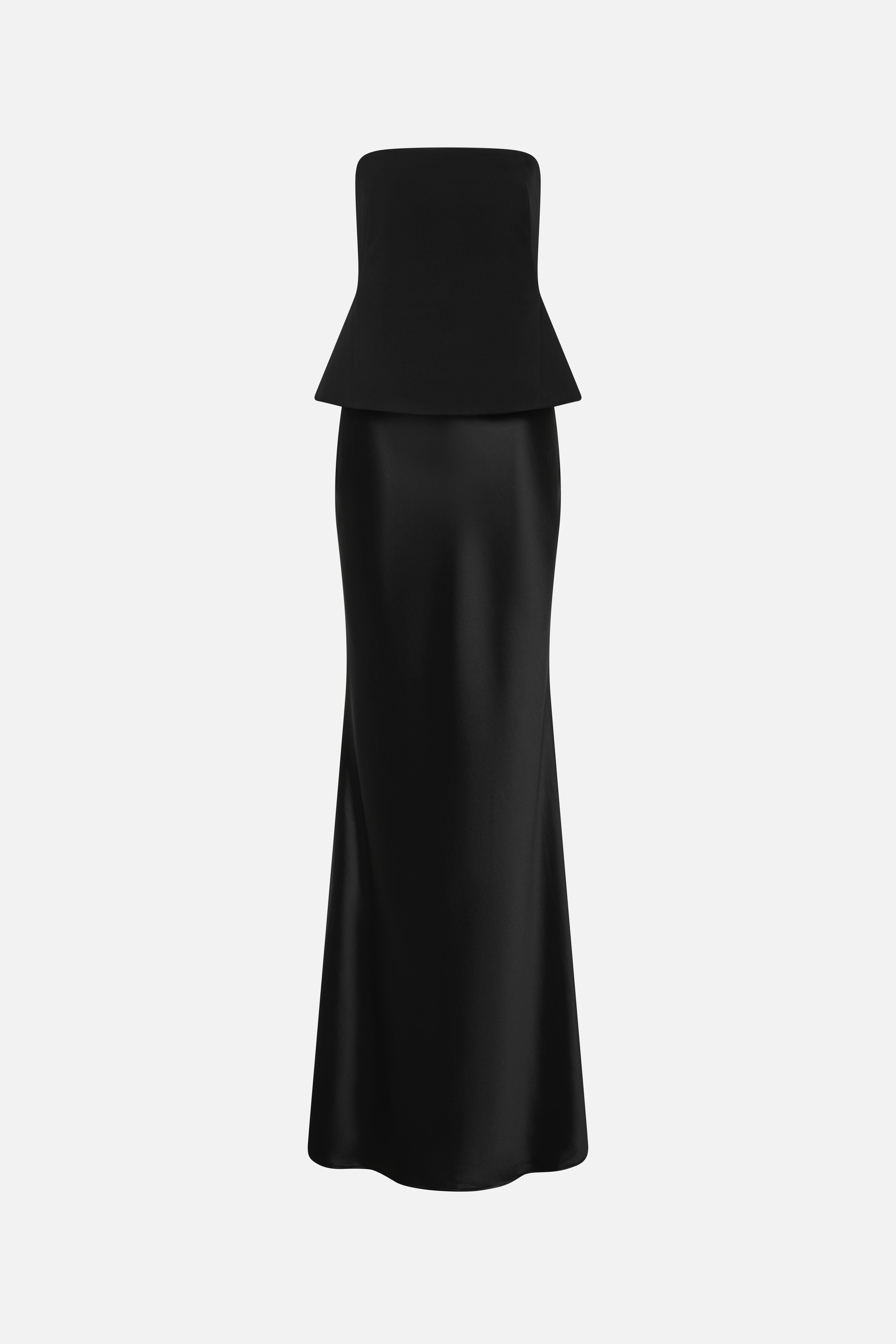 Black strapless satin gown on mannequin, peplum waist and long skirt