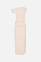 Soft pink crepe midi dress, front view with short cap-like sleeves