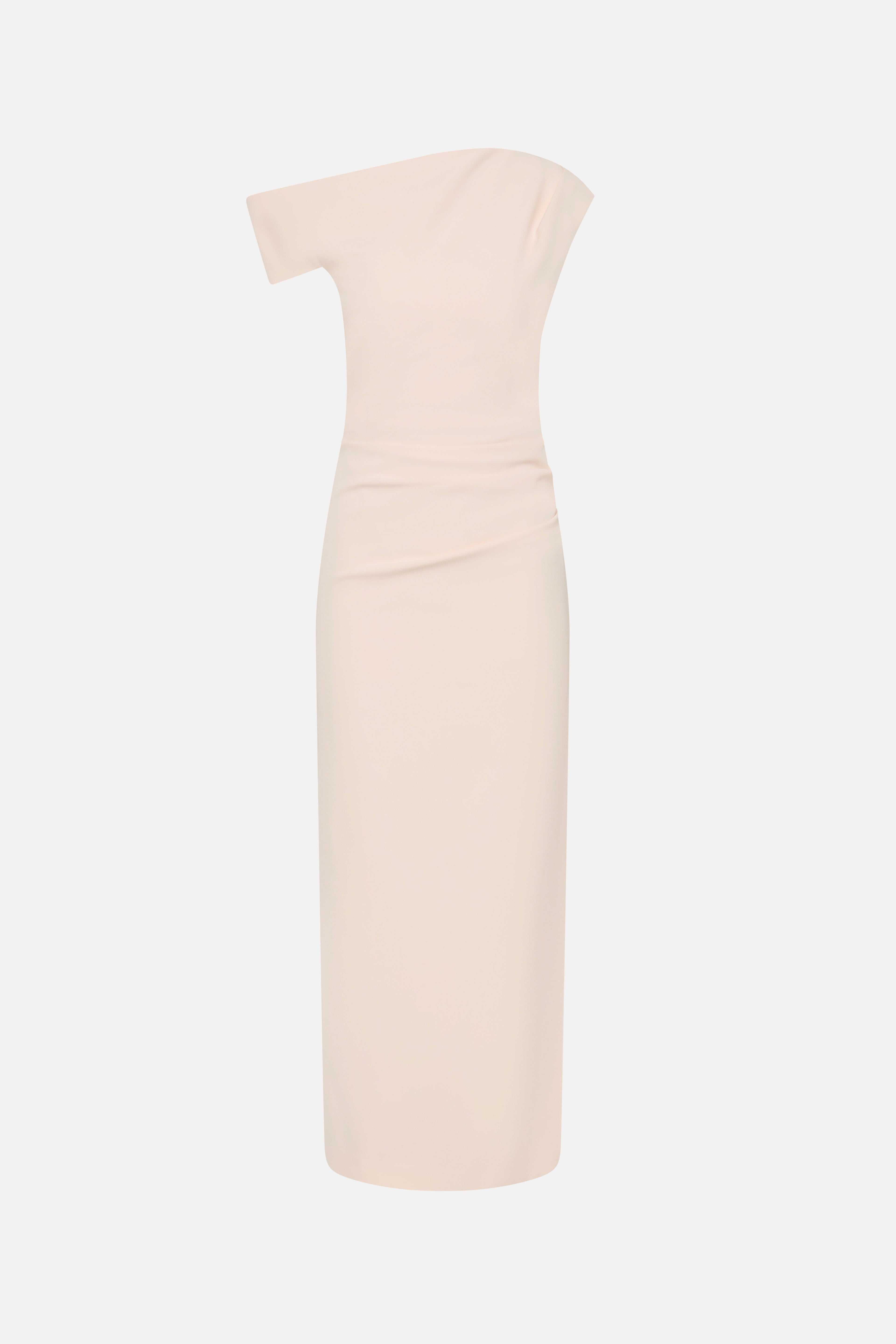Soft pink crepe midi dress, front view with short cap-like sleeves