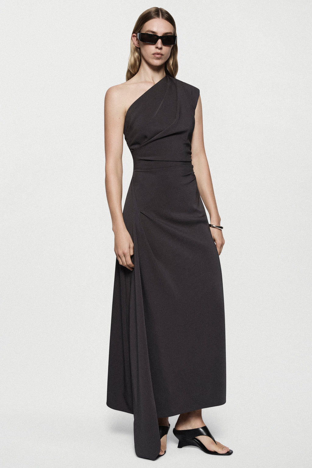 Crepe asymmetric one-shoulder dress, sleeveless, dark asphalt gray with side drape