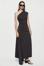 Crepe asymmetric one-shoulder dress, sleeveless, dark asphalt gray with side drape
