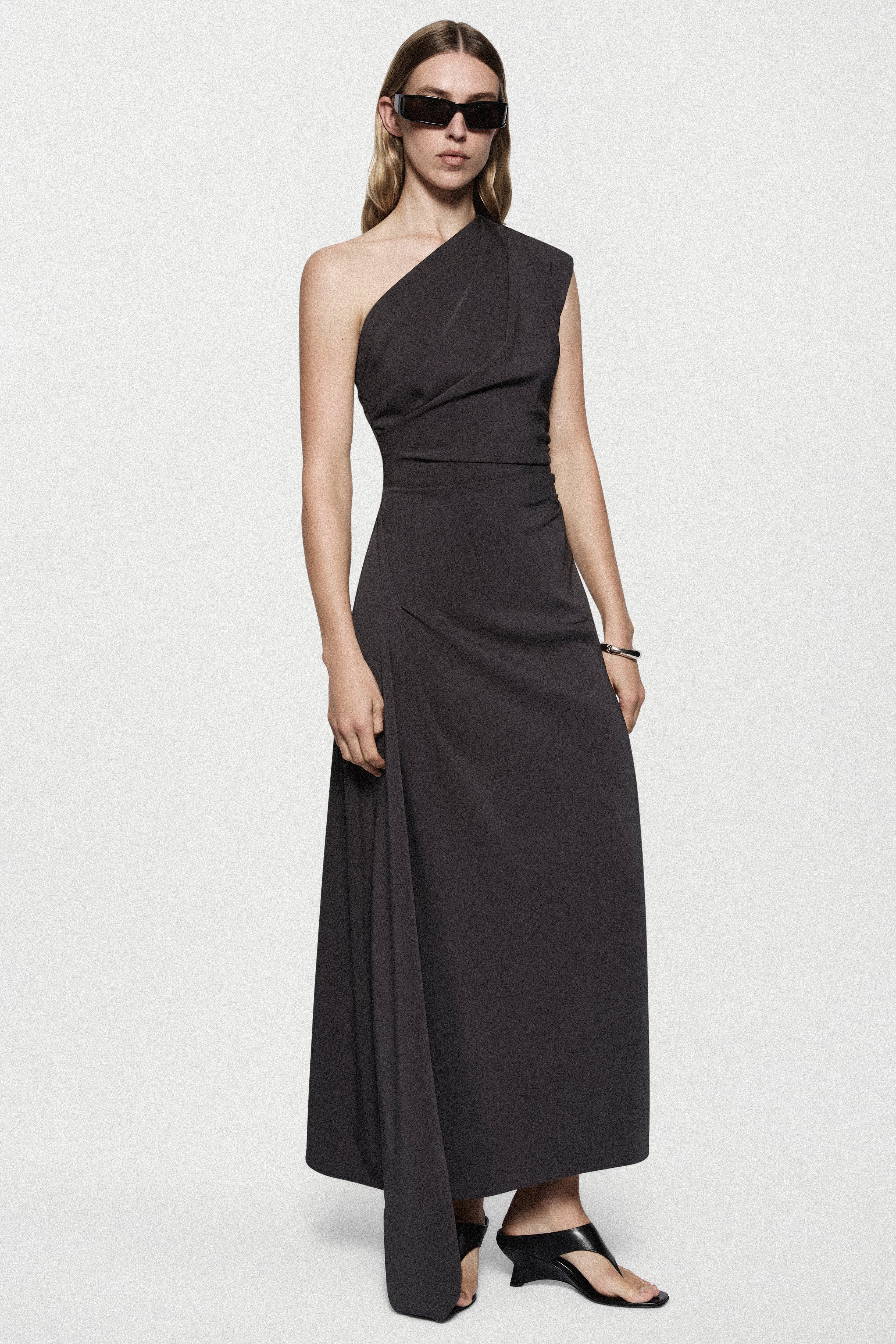 Crepe asymmetric one-shoulder dress, sleeveless, dark asphalt gray with side drape