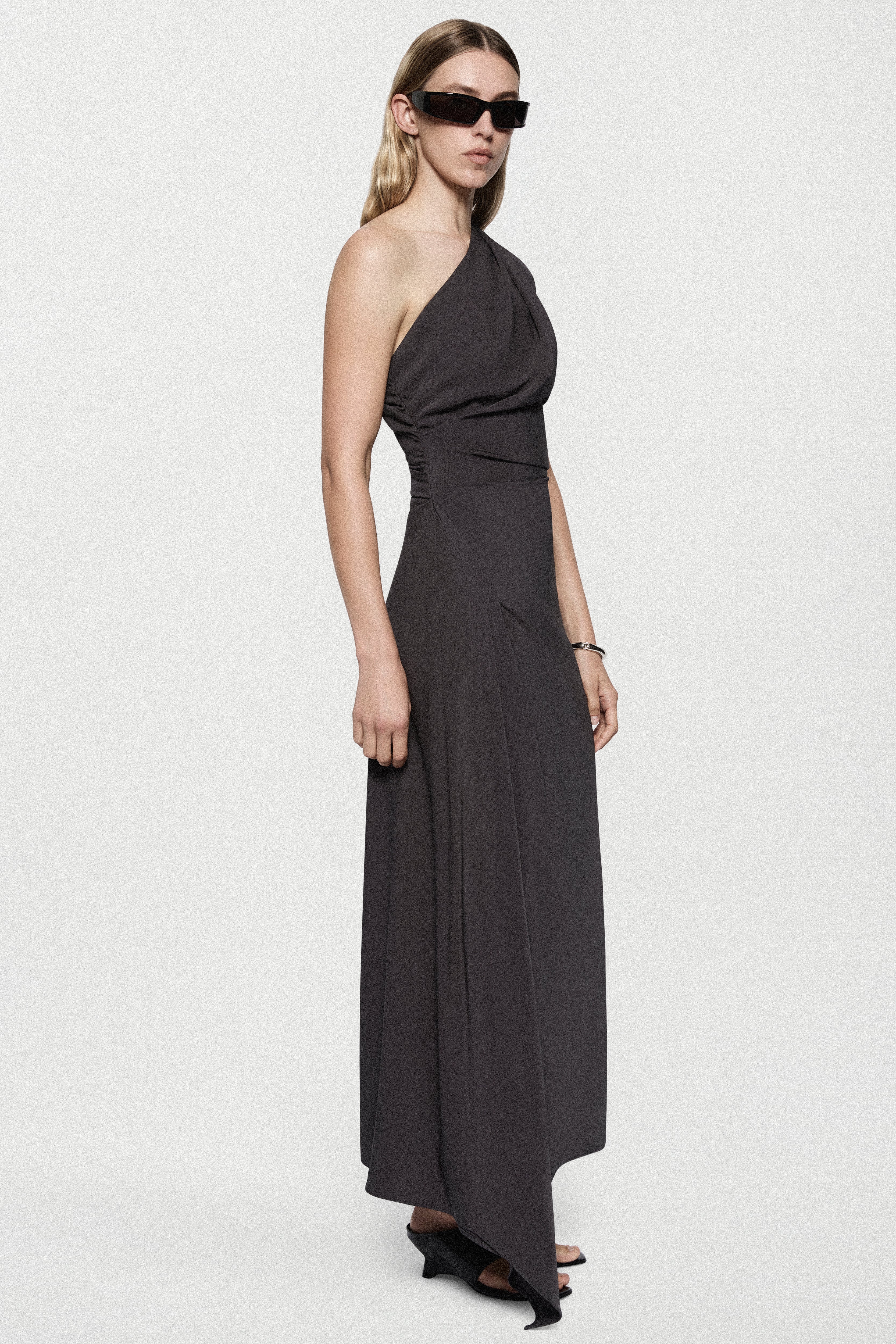 Crepe asymmetric one-shoulder maxi dress, sleeveless, dark asphalt gray
