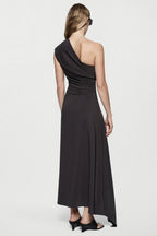 Crepe asymmetric one-shoulder dress with low back, sleeveless, dark asphalt gray