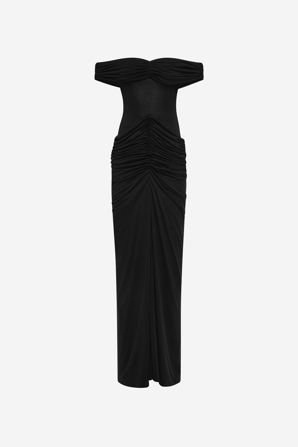 Black off-shoulder maxi dress with gathered bust and ruched front panel