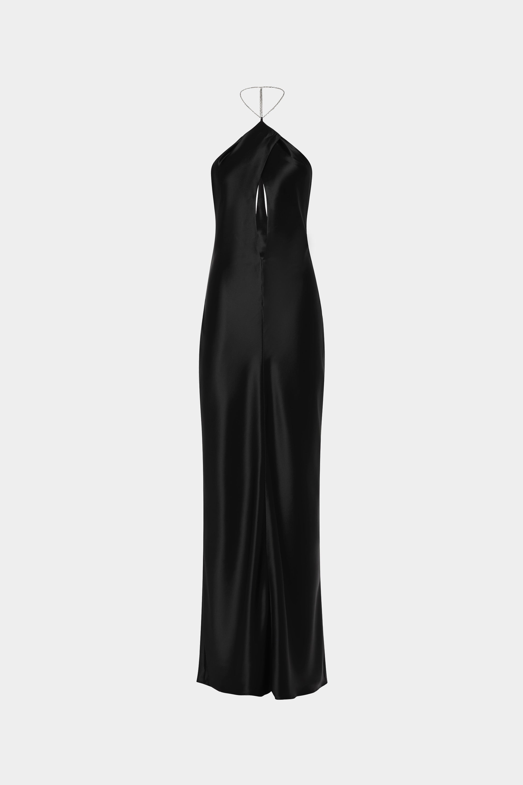 Black satin halter evening dress with slim fitted column silhouette, long length.