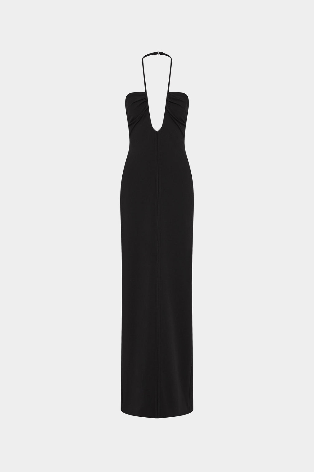 Black sleeveless halter suiting dress with deep V neckline and column silhouette