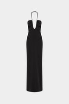 Black sleeveless halter suiting dress with deep V neckline and column silhouette