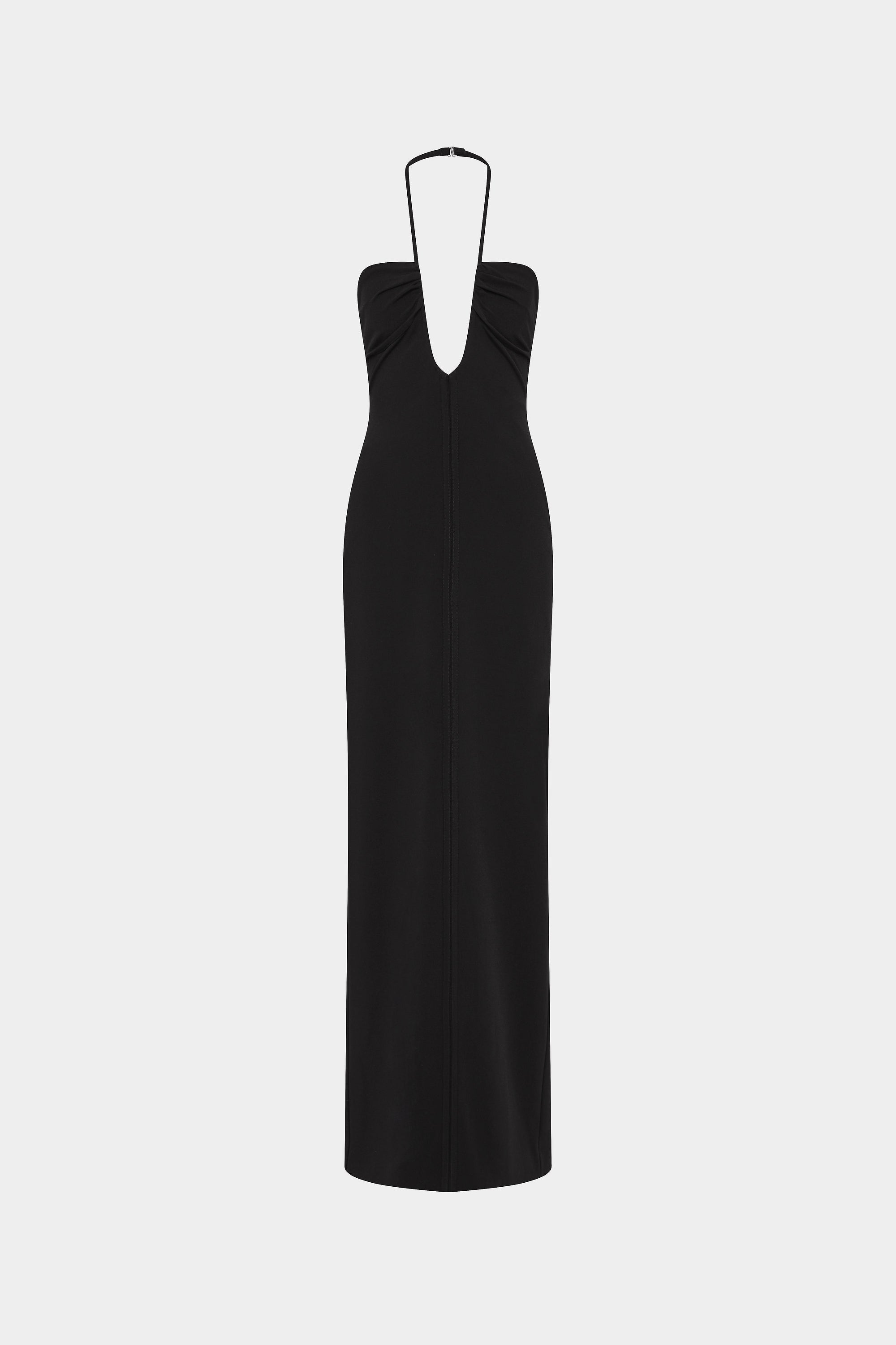 Black sleeveless halter suiting dress with deep V neckline and column silhouette